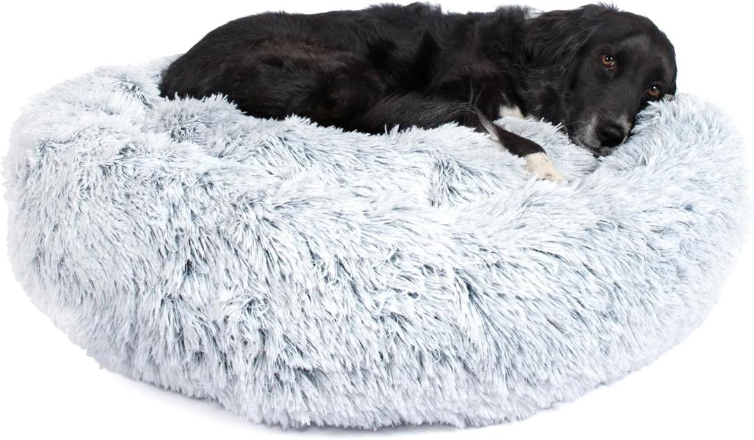 Barkbox Dog Bed, 2-in-1 Memory Foam Donut Cuddler Dog and Cat Bed, Calming Orthopedic Joint Relief Fur Crate Lounger for Pets, Machine Washable + Removable Cover, Waterproof Lining, Includes Toy (Large, Grey)