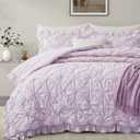 BEDAZZLED Queen Comforter Set, Purple Pinch Pleat Ruffle, 3 Pieces | Soft Microfiber Bedding Set, Pintuck Texture, Farmhouse Shabby Chic Style, Lightweight & Breathable, All Season Comfort