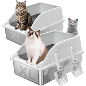 2PACK Stainless Steel Litter Box, Extra Large XL Odor Free Metal Litter Box with High Sides, Open Top Litter Pan Include Scoop Easy Cleaning Anti-Scratch Kitty Cat Box Anti-Urine Leakage, Non-Sticky (Light Grey(23in))
