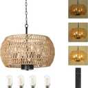 Battery Operated Outdoor Chandelier with Remote & Dimmable LED Bulb, Rattan boho battery powered outdoor lights for patio, Farmhouse hanging pendant light Fixture for yard garden Porch Gazebo