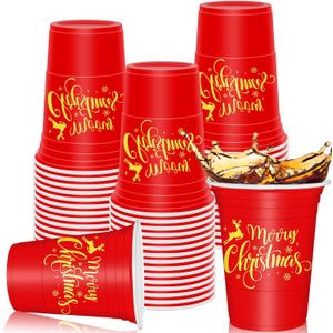 Whaline 50Pcs Merry Christmas Plastic Cups 16oz Red Gold Snowflake Deer Design Disposable Cups Decorative Xmas Party Cups for Hot Cold Drinks Coffee Juice Beer Candy Snacks
