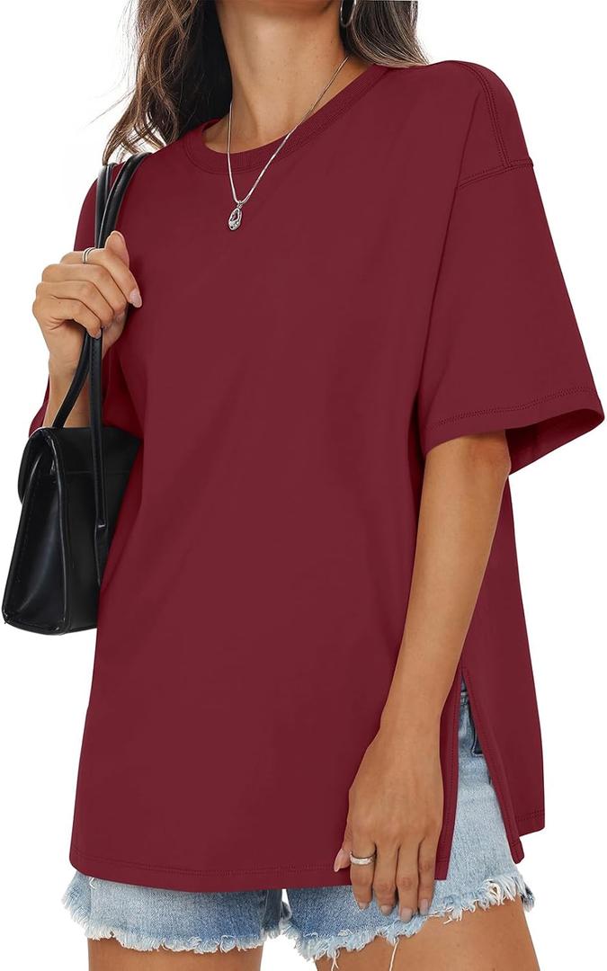 EasyGala Womens Cotton Oversized T Shirts Side Slit Tops Loose Fit Tee Crewneck Short Sleeve Summer Clothes 2026 (Red, S)