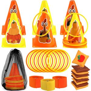 4 in 1 Fall Festival Thanksgiving Party Games with Ring Toss, Plastic Cones, Bean Bags, 3-Legged Race Bands, Thanksgiving Games for Family Boy Girl Adult Carnival Friendsgiving Outdoor Yard Activities