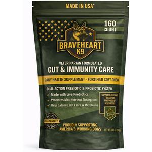 Braveheart K9 Gut & Immunity Care Dog Supplement, Veterinarian Formulated, Dual Action Prebiotic & Probiotic System, Fortified Soft Chew, 160 Count, BBD 10/31/2027