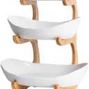 3-Tier Fruit Bowl Stand Space-Saving Fruit Holder with White Plastic Baskets & Bamboo Frame | Modern Countertop Organizer for Fruits, Vegetables, Snacks & More | Eco-Friendly Kitchen Storage Rack
