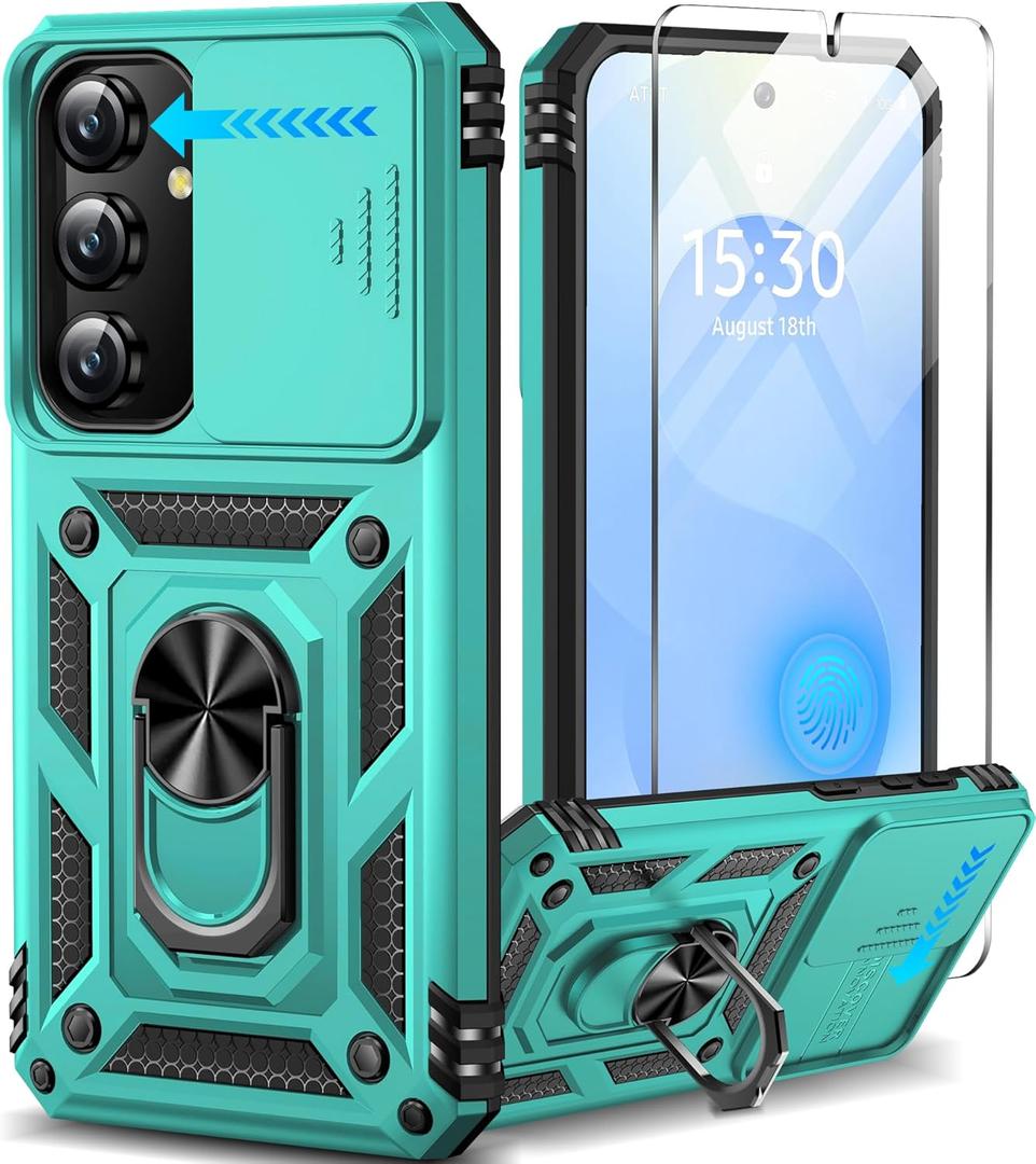 Taisairu for Samsung Galaxy S24/Samsung Galaxy S25 Case with Screen Protector & Slide Camera Lens Cover, Built-in Ring Stand Protective Phone Case for Samsung S25 Case/Samsung S24 Case (Mint Green)