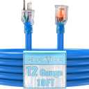 Outdoor Extension Cord with Lighted End, 12 Gauge Heavy Duty 10 FT, 3 Prong Grounded 15 Amp Extension Cord, 12/3 SJTW Waterproof Power Cord for Appliance, UL Listed, Blue