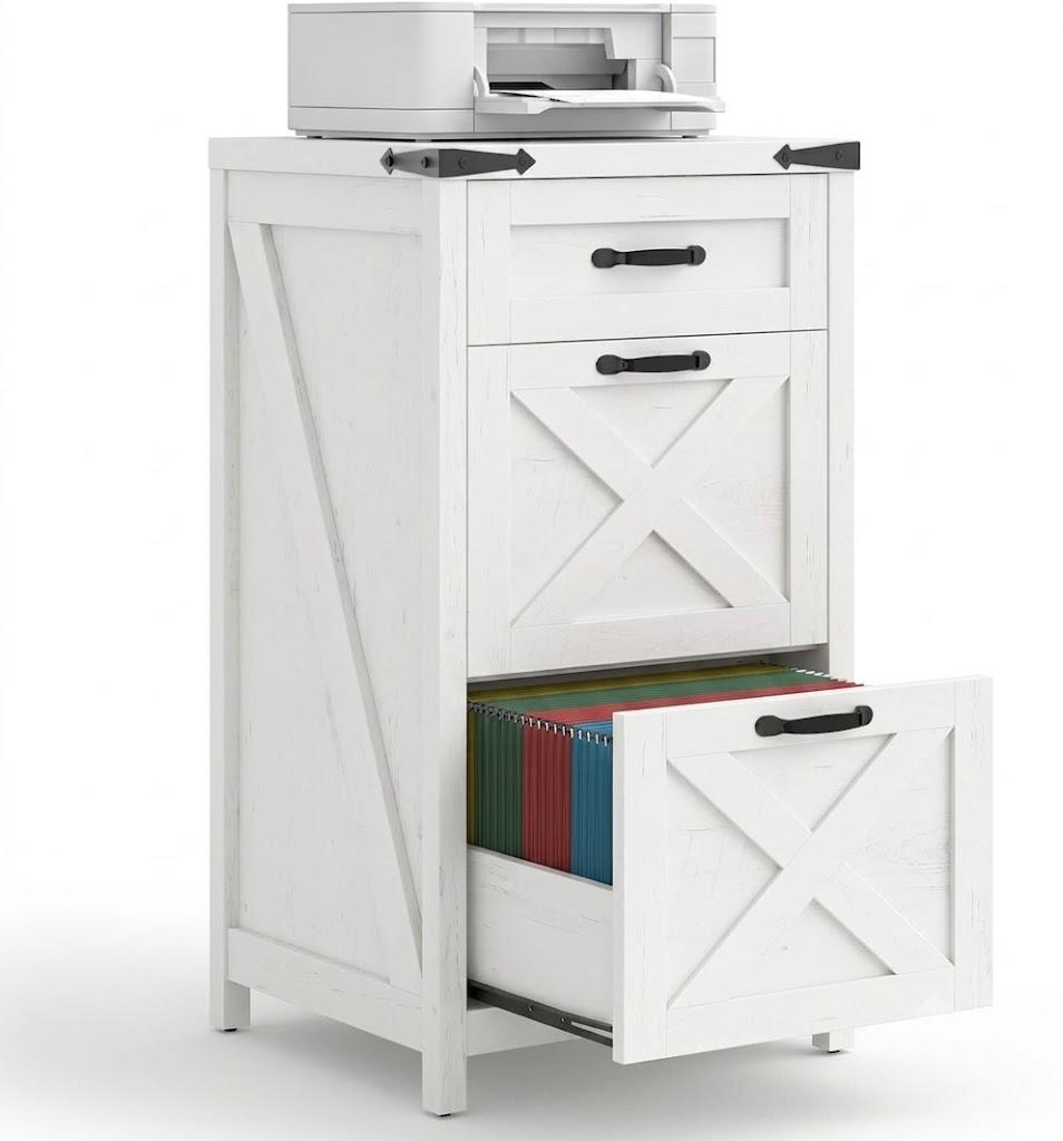 Halitaa 3 Drawer Small File Cabinet, Farmhouse Vertical Filing Cabinet Fits Letter/A4 Size, Wooden File Cabinets Printer Stand for Home Office, Living Room, Rustic White