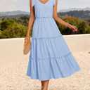 ZESICA Womens 2026 Summer Spaghetti Strap Midi Dresses Casual Tie Shoulder V Neck Flowy A Line Tiered Beach Long Dresses (Blue, S)
