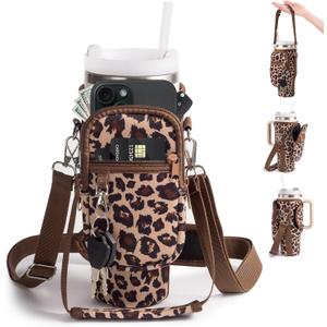 linmaya Water Bottle Carrier Bag with Phone Pocket for Stanley Cup 40/30oz,Insulated Neoprene Water Bottle Holder Cross-boday Bag with Adjustable Shoulder & Handheld Strap Stanley Cup Accessories (Pink Leopard)