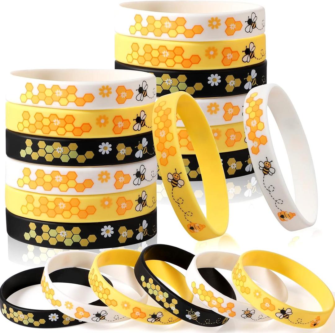 Threan Bee Silicone Bracelets Bulk Honeybee Rubber Wristbands Pack for World Bee Day Birthday Party Favors Decorations Spring Summer Party Supplies Gifts for Bags(96 Pieces)