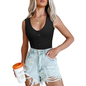 REORIA Women’s Ribbed Bodysuit Sexy Plunge Deep V Neck Sleeveless Tank Top Thong Body Suits Outfits Going Out Tops 2025 Black XS