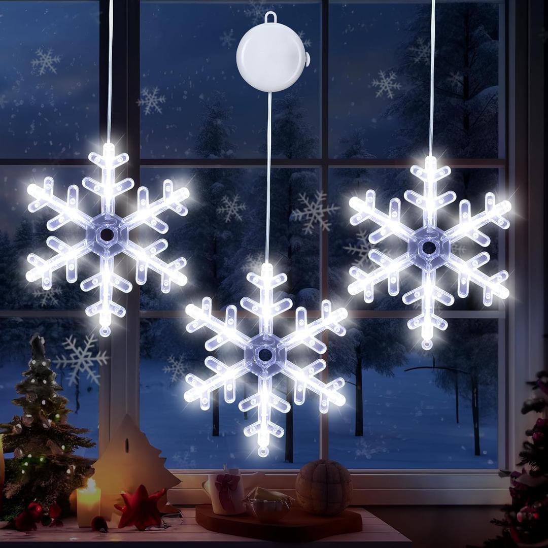Christmas Decorations 3 Pcs White Snowflake Window Lights with Suction Cup Battery Operated Christmas Lights, Hanging Lighted Xmas Window Decoration Indoor Outdoor Xmas Tree Home Decor