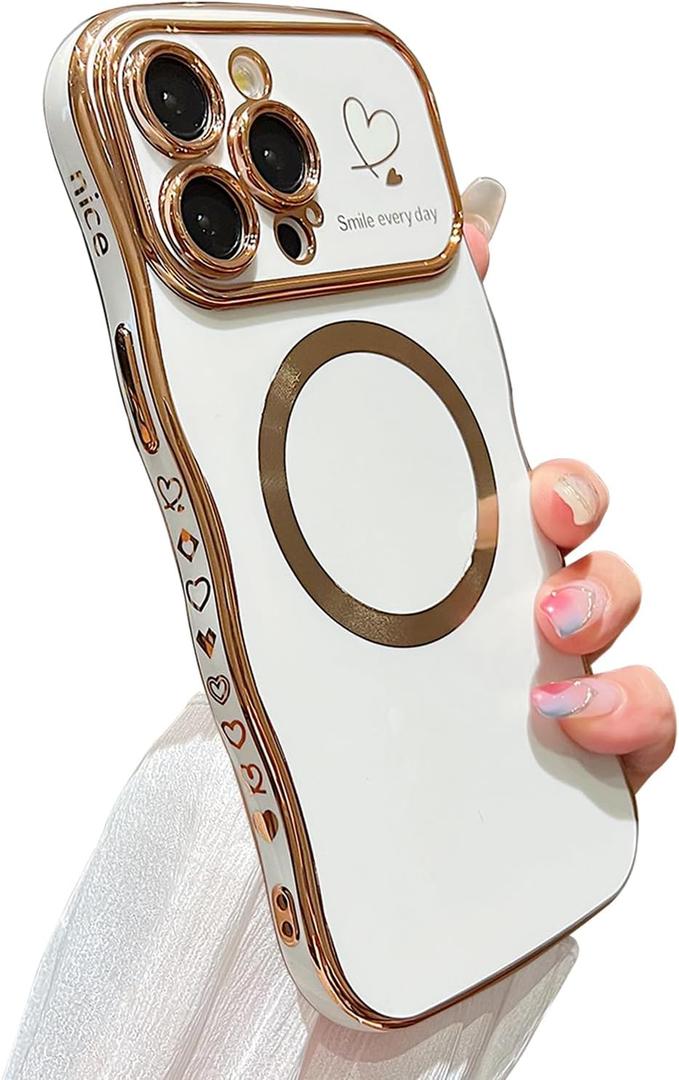 for iPhone 15 Pro Max Case Magnetic, for Women Girls Soft Cute Wave Frame Curly Shape Love Heart Luxury Plating Phone Case Compatible with MagSafe Shockproof Back Cover 6.7"-White