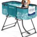 SereneLife Portable Dog Bath Tub, Built-in Drain System & 360° Access, 34" Adjustable Height, 2 Side Pockets, Foldable Design for Easy Storage, Fits Small to Medium Dogs Up to 130 lbs (Blue)