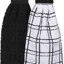 Ritz Premium 100% Cotton Solid and Multi Check Kitchen Tie Towel, Absorbent, Super Soft, and Fast Drying Hang Towel, Set of Two, Black