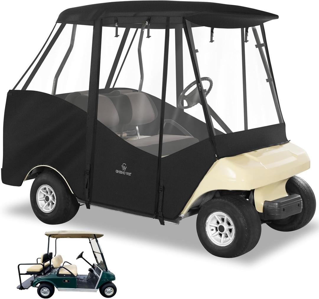 Golf Cart Enclosures 4 Passenger for Club Car DS,Short Roof 58 inch 2+2 Seater 600D Clear Rain Cover Driving Enclosure,Roll Up 4 Sided Transparent Windows&Door Heavy Duty Zipper,Side Mirrors Openings