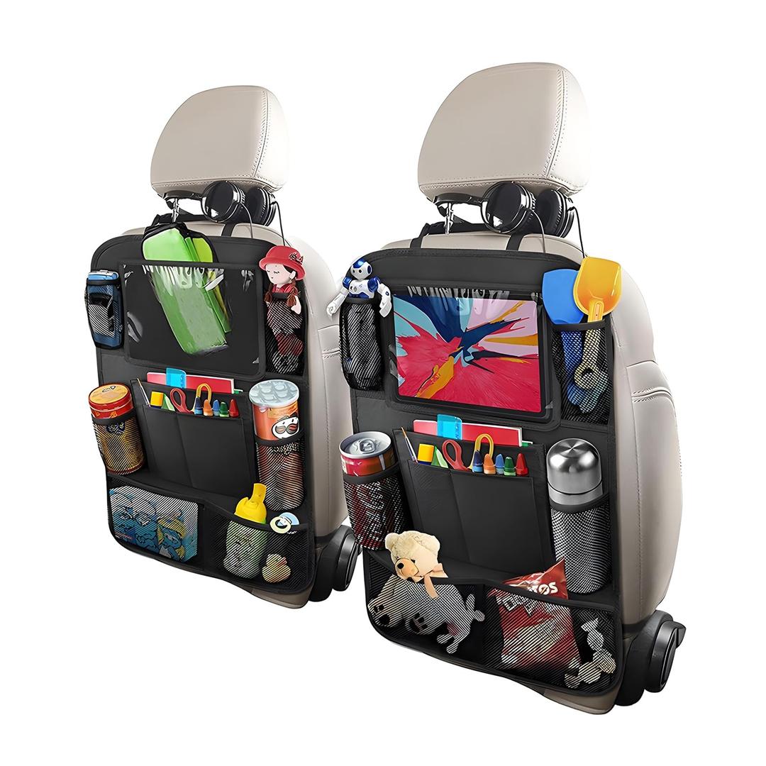 ZNDAW 2PCS Car Backseat Organizer, Multi-Pocket Back Seat Protector with 10.2" Tablet Holder, Waterproof Oxford Fabric Storage Bag Auto Kick Mat for Kids Toddlers (B with Zipper)