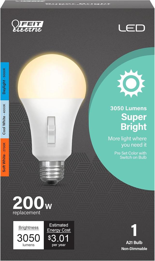 Feit Electric LED Three-Color Selectable Intellibulb - A19 with an E26 Medium Base Light Bulb - 200W Equivalent - 23 Year Life - 3050 Lumen - 2700K Soft White, 4000K Cool White and 5000K Daylight