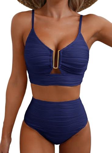Herseas Women's Ribbed Bikini Set Spaghetti Strap U Wire V Neck 2 Piece Swimsuits High Waisted 2026 Beach Fashion Outfits Crisscross Back Beautiful Bathing Suit Navy Blue, Large