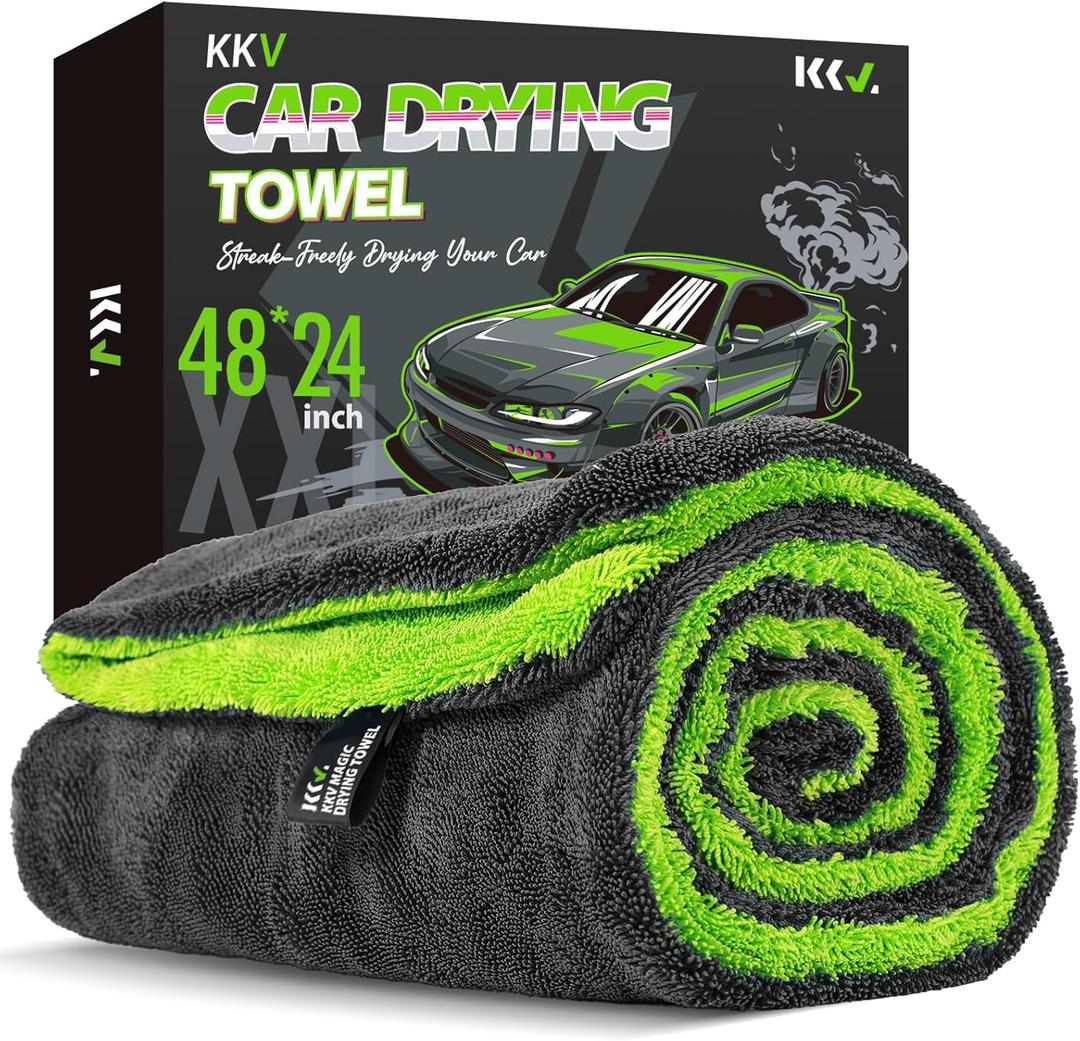 KKV Full-Sized SUV Drying Towel, 48x24 Dual Sided Microfiber Car Cleaning Towel with Twisting Yarn Technique, 1400GSM Super Absorbent, Scratch-Free, Machine Washable (Darkgray-GreenYellow)