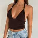 Milumia Women's Metal Deep V Neck Halter Top Sexy Backless Slim Fit Party Crop Tops (Brown, M)