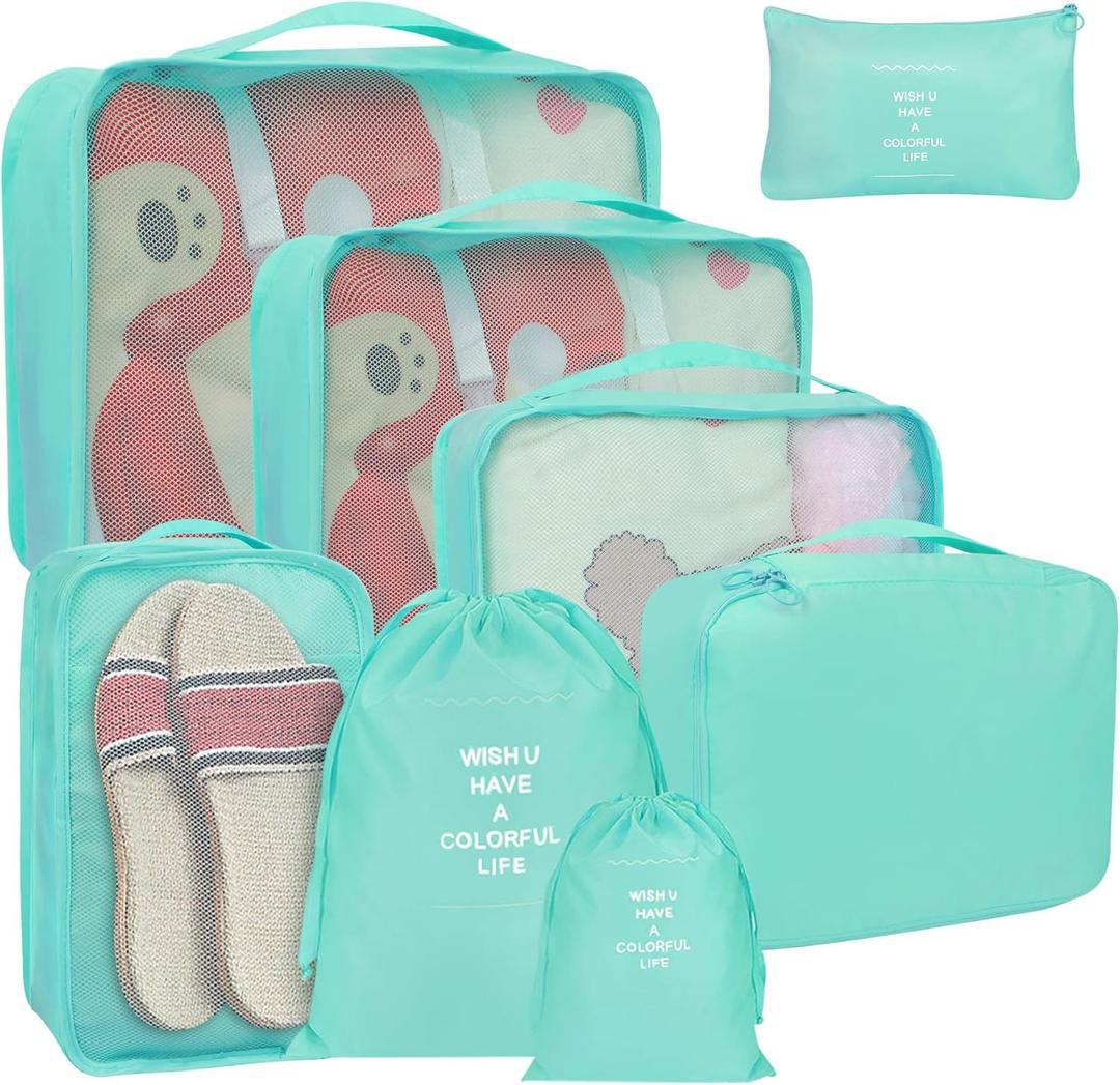 8 Set Packing Cubes for Suitcases, kingdalux Blue Travel Luggage Packing Organizers with Laundry Bag, Compression Storage Shoe Bag, Clothing Underwear Bag, for Women & Man