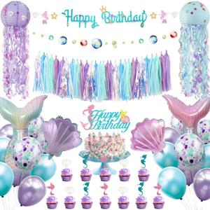 Mermaid Birthday Party Decorations Supplies Banner Tassel Garland Bubble Garland Hanging Jelly Fish Paper Lanterns Balloons Cake Topper Mermaid Happy Birthday Decorations for Women