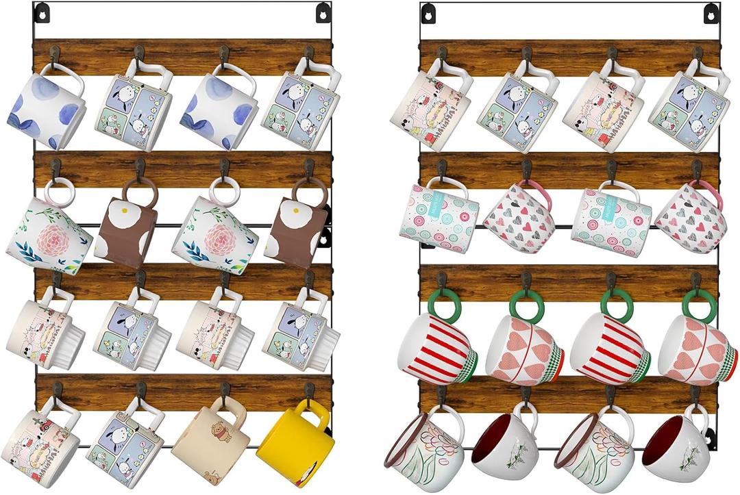 Rustic Wood Coffee Mug Rack - Wall Mount Cup Holder Shelf Storage for Kitchen, Home, Bar, Office (4 Pack, Holds 32 Mugs) (8-Tier)