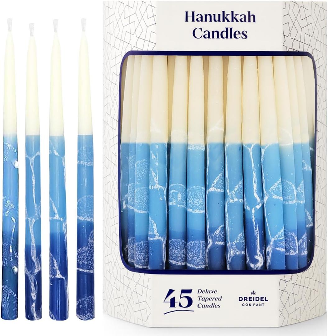 The Dreidel Company Dripless Premium Tapered Hand Decorated Multi Blue Frosted Hanukkah Candles, 45 Hanukkah Candles Premium Quality Wax, 1 Hour Burn Time