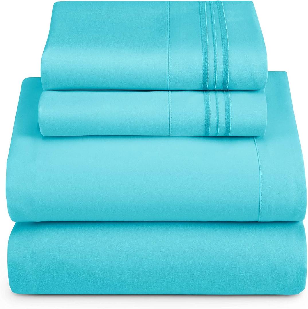 Hearth & Harbor Full XL Size Sheets - 4 Piece Bed Sheet Set, Hotel Luxury Double Brushed Bed Sheets - Extra Soft Bedding Sheets & Pillowcases, Full XL, Beach Blue