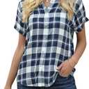 Veatzaer Women's Plaid Short Sleeve Button Down Shirt Casual Summer Blouses Tops (Blue) S