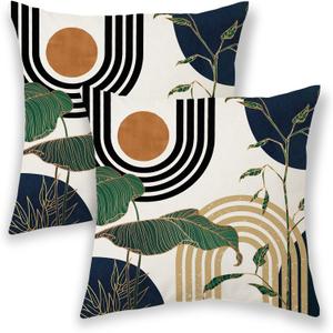 BETGINY Navy Blue Green Boho Pillow Covers 18x18 Inch 2 Pcs,Tropical Leaf Summer Outdoor Decorative Throw Pillows,Mid Century Abstract Farmhouse Decor Pillowcase Linen Cushion Cover for Couch Sofa