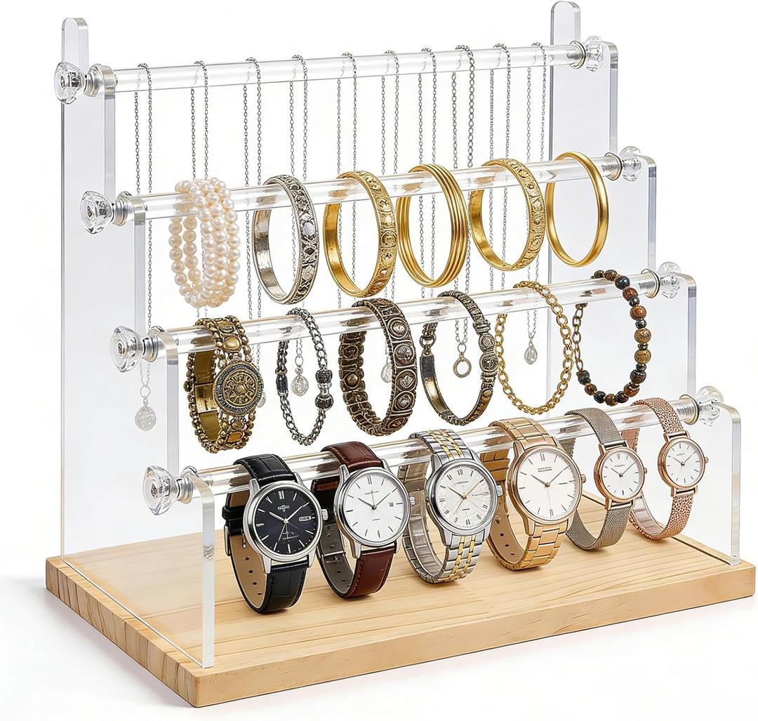 4-Tier Bracelet Holder Stand with Wood Base, Acrylic Jewelry Organizer & Display for Necklaces, Bangles, Watches, Multi-Functional Jewelry Storage for Home and Store Display