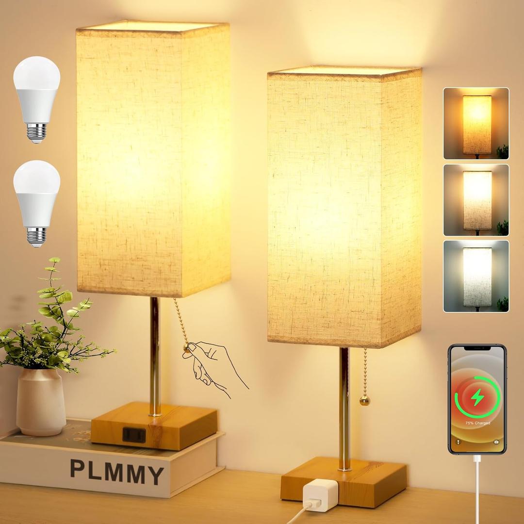 Table Lamp for Bedroom Set of 2, Bedside Lamps with 3 Color Temperatures Night Light, Lamp for Night Stands with AC Outlet and Square Shade, Pull Chain Small Desk Lamp for Living Room Home Decor (18 inch, Flaxen Shade-Wood Base)