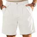 JEMLDL Men's Cotton Linen Shorts 7.5" Casual Pleated Summer Vacation Beach Elastic Waist Shorts with Pockets (White, M)