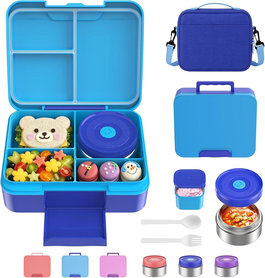 Bento Lunch Box Set for Kids with 8.5oz Hot Food Jar Leak-Proof Lunch Food Container with Insulated Lunch Bag for Toddlers Girls Boys Teens to School, Office, Picnic, Camping, Travel - Blue