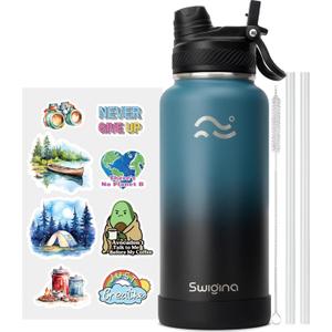 [2-IN-1 LID] Insulated Water Bottle with Silicone Boot (36hrs Cold/18hrs Hot) - DIY Stickers, Leakproof, BPA Free, 32 oz (Cyan Black)