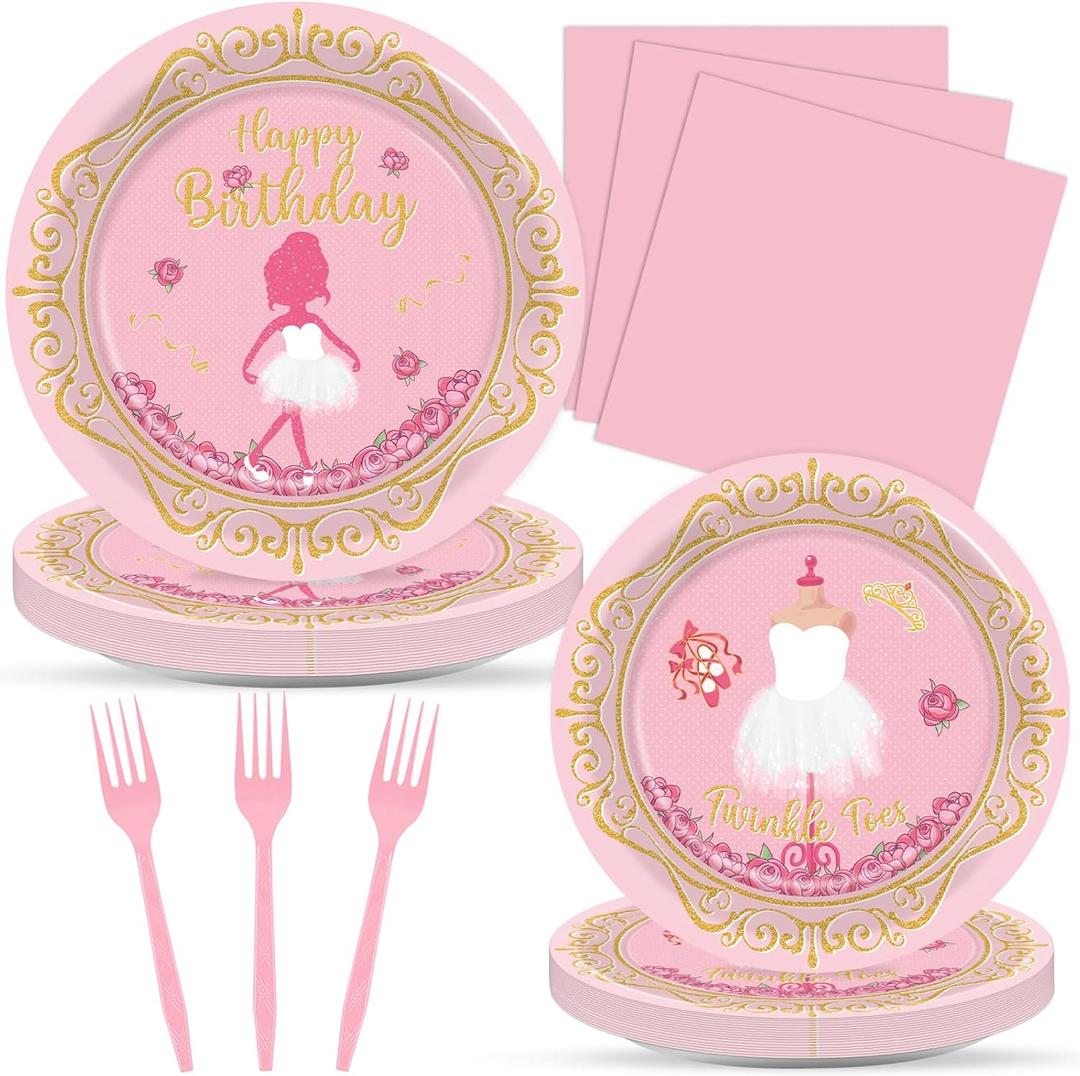 Qyeahkj 64pcs Ballerina Birthday Party Decorations Ballet Plates and Napkins Ballet Dress Tableware Set Dancing Girl Disposable Plates for Girls Ballerina Theme Party Baby Shower Supplies Serve 16