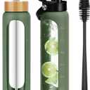 FULBEVY 32 oz Glass Water Bottles - 1 Liter Motivational Tumbler Water Bottle Time Marker - Borosilicate Glass Water Bottle With Silicone Sleeve and 2 Lids, Handle Spout & Bamboo Straw Lid