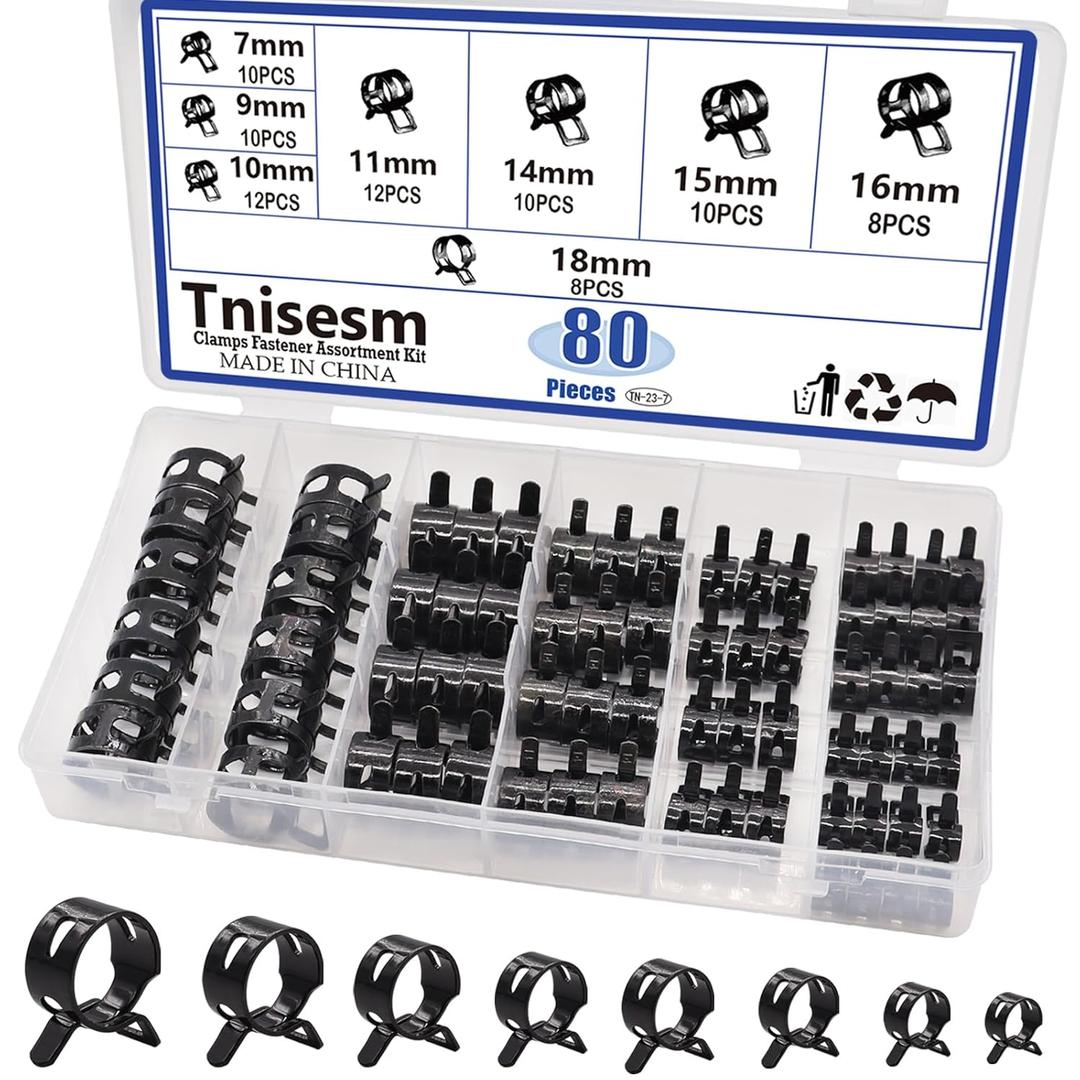 Tnisesm 80Pcs Spring Band Hose Clamps Assortment kits Silicone Vacuum Hose Pipe Clamp 7mm 9mm 10mm 11mm 14mm 15mm 16mm 18mm Low Pressure Air Clip Clamp(Black)