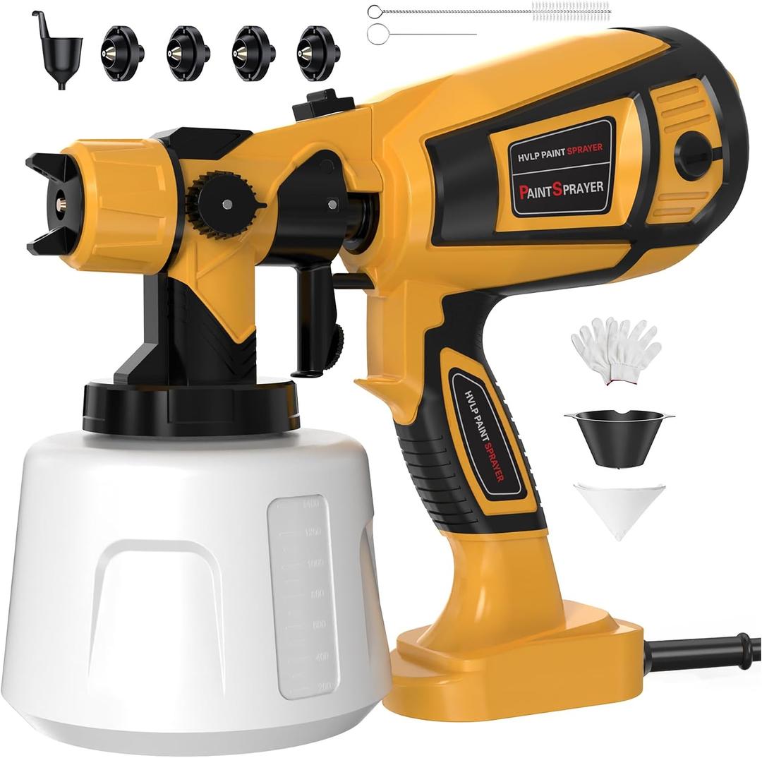 1000W High Power Paint Sprayer - HVLP Electric Spray Paint Gun with 4 Copper Nozzles & 3 Patterns, Large Capacity Power Painter for Furniture, Cabinets, Fence & House Painting Yellow