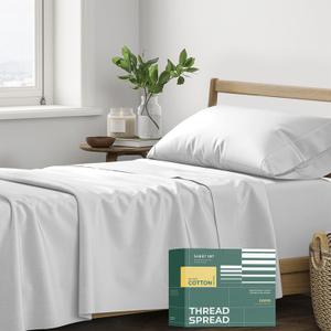 THREAD SPREAD 100% Organic Cotton Sheets Twin XL Size - 3 PC Organic Cotton Twin XL Size Percale Weave Sheet Set, Cooling, Crisp & Breathable, 16" Deep Pocket Bedding Set for Dorm Room - Light Grey