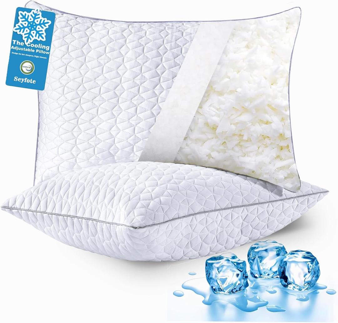 Cooling Pillows Standard Size Set of 2, Shredded Memory Foam Pillows, Adjustable Firm Bed Pillows Cool Cold Pillow for Hot Side Back Stomach Sleepers with Removable Washable Cover, 20" x 26", White