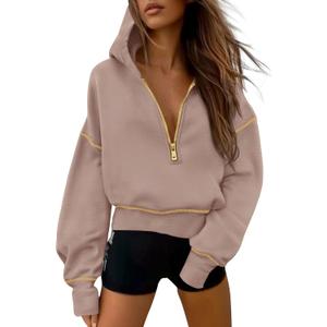 PRETTYGARDEN Women's 2026 Fall Hooded Sweatshirts Long Sleeve Half Zip Cropped Hoodies Pullover Winter Fashion Clothes (Khaki) Small