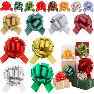 TONIFUL Multi-Size Christmas Pull Bows - 24 Piece Aluminum&Glitter Gift Wrap Bows with Christmas Pattern for Gift Wrapping, Wine Bottle, Treat Bags, Baskets Decor, Indoor Outdoor Decoration (Chris2)