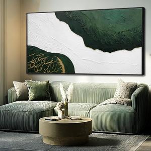 Framed Sage Green Abstract Wall Art,Gold Foil Pictures, Large Green And White Canvas Paintings for Dining Room,Textured Artwork 29"x58" for Room & Office