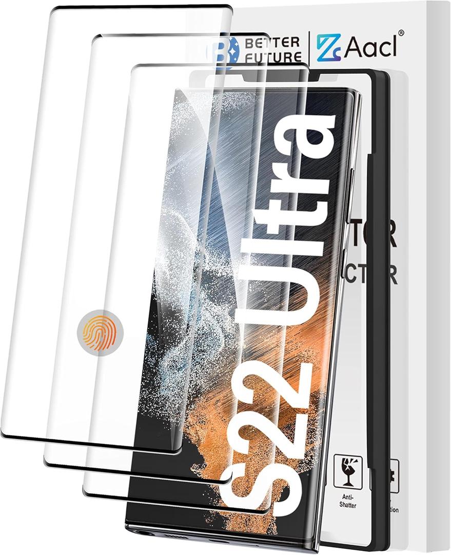 AACL [Fingerprint Compatible][3-Pack] 3D Curved Tempered Glass for Samsung Galaxy S22 Ultra 5G Screen Protector, [Easy Installation with Alignment][Anti-Scratch][Case Friendly]