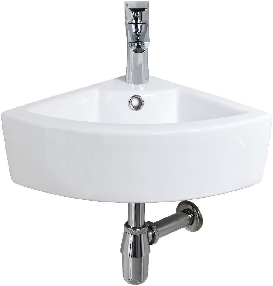 Corner Wall Mount Bathroom Sink with Faucet-Bokaiya 18x13 Inch Small Corner Vessel Sink with Overflow Wall Mount Triangle White Porcelain Ceramic Wall Hung Mini Vanity Space Bathroom Sink
