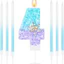 MTLEE Number 4 Birthday Candle Blue Snowflake with 6 Long Thin Cupcake Candles Blue Sparklers Glitter Number Happy Birthday Cake Topper Decorations for Winter Party Supplies